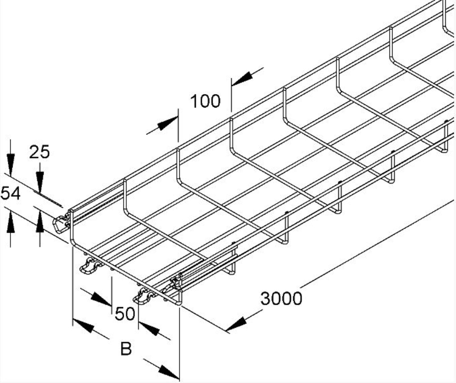 Grid cable tray 54.300 w/connector 54x300x3000 steel hot-dip